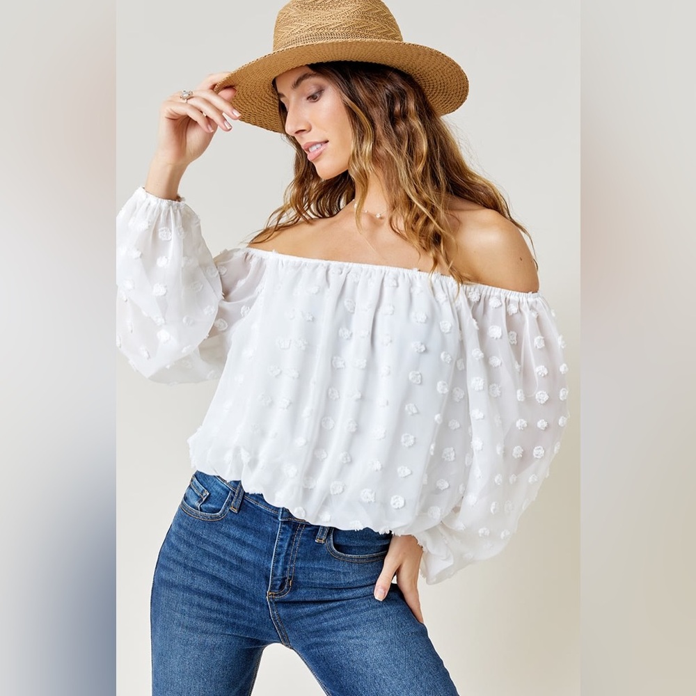 Francesca's Collections Cream Ruffled Crop Blouse with 3/4 Sleeves